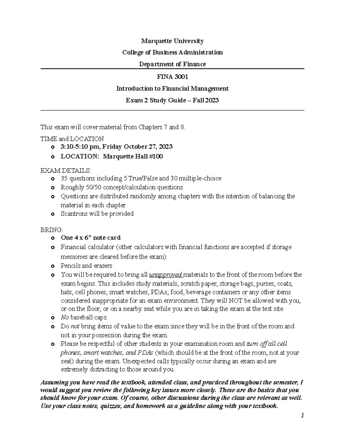 F2023 FINA3001 - Exam 2 Study Guide for Chapters 7-8 - Studocu
