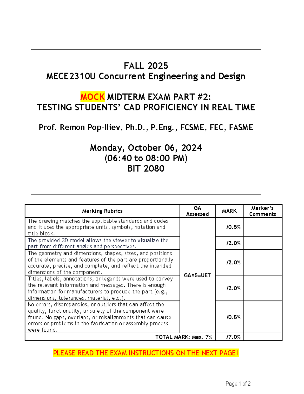 FALL 2025 MECE2310U Mock Midterm Exam Part #2: CAD Proficiency - Studocu