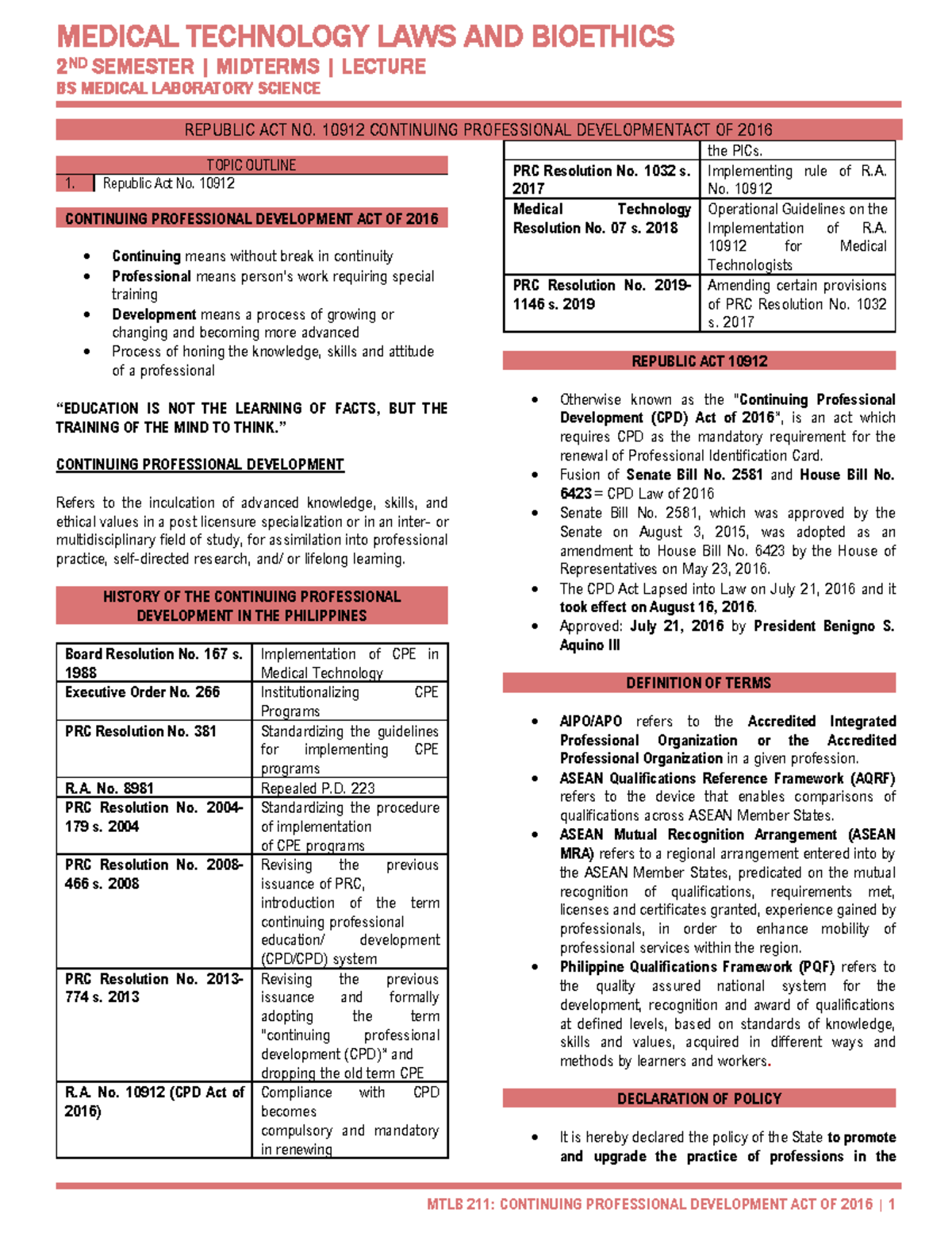 MTLB 211: Midterm Lecture on RA 10912 - CPD Act in Medical Technology ...