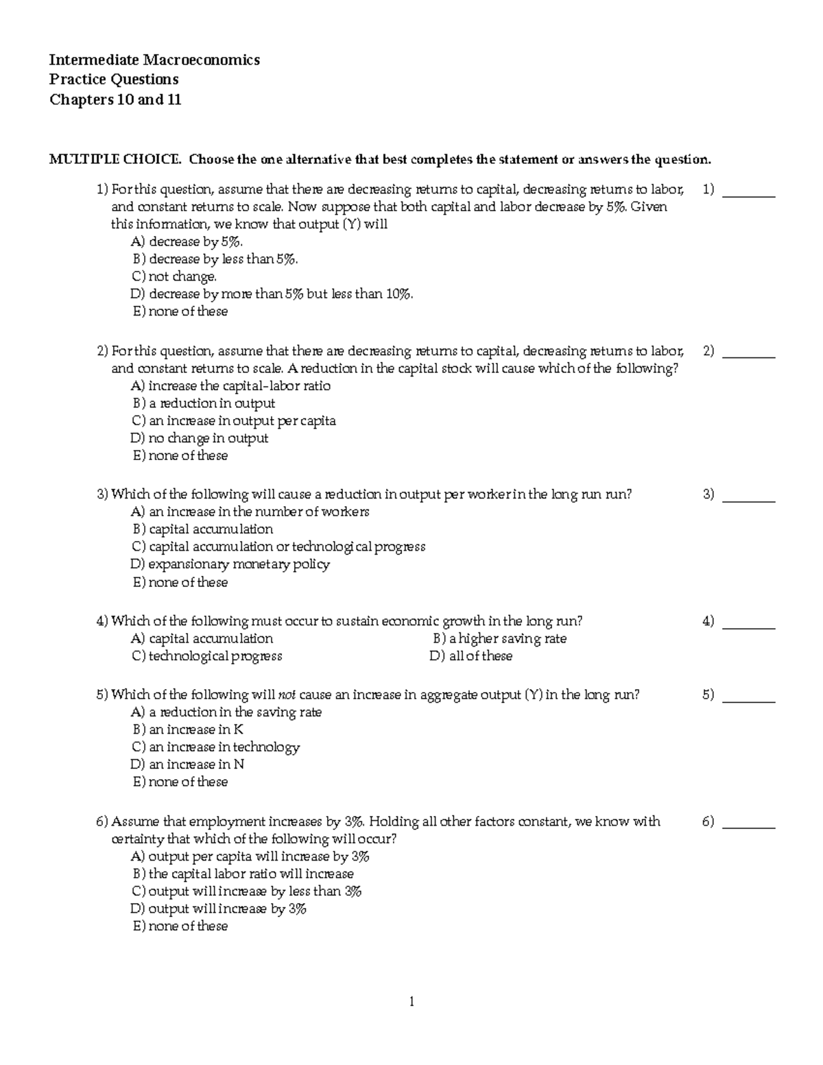 Intermediate Macroeconomics Practice Test 1: Chapters 10 & 11 - Studocu