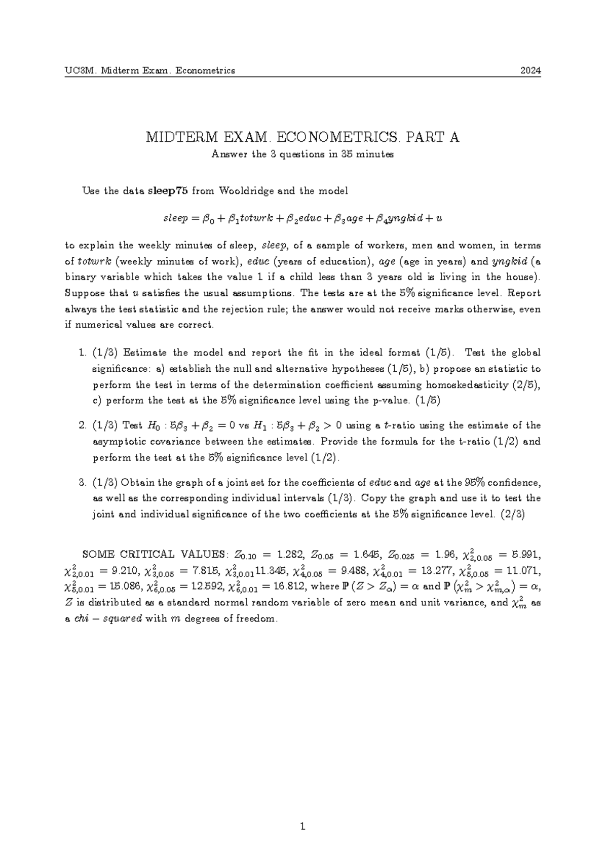 UC3M - Mock Midterm Exam: Econometrics 2024 - Part A Analysis - Studocu
