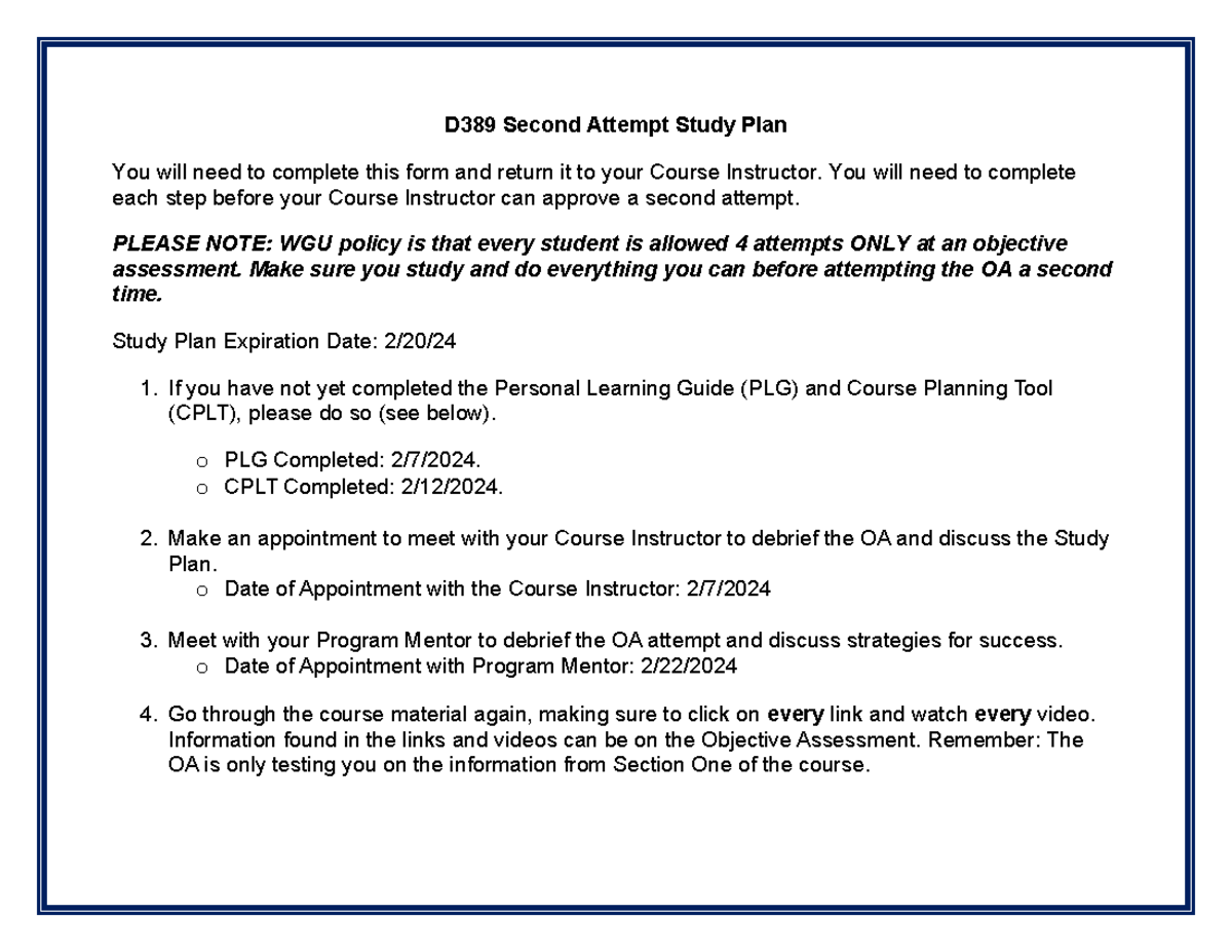 D389 Second Attempt Study Plan & Preparation Steps 2024 - Studocu