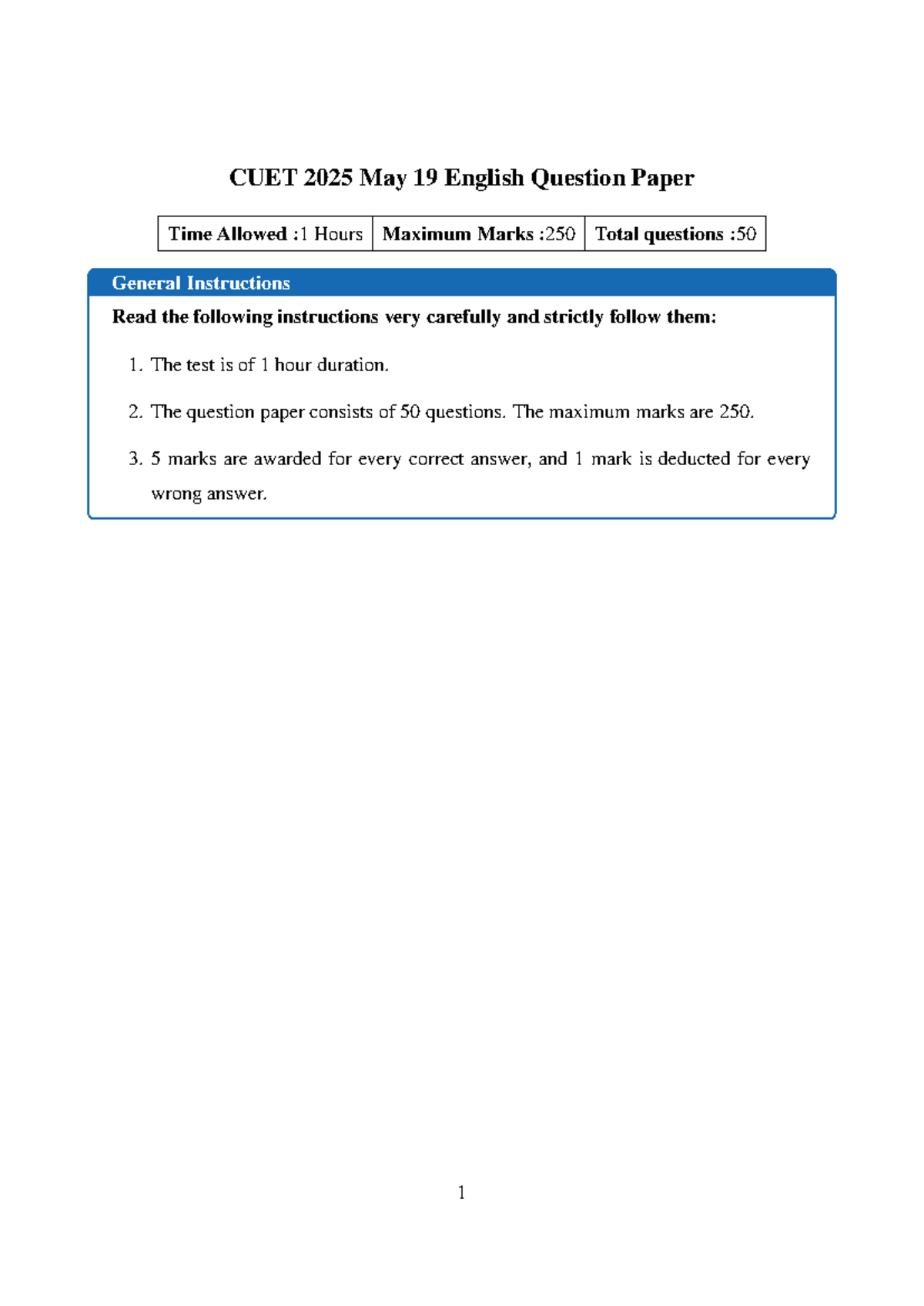 CUET 2025 May 19 English Question Paper (Max Marks: 250) - Studocu