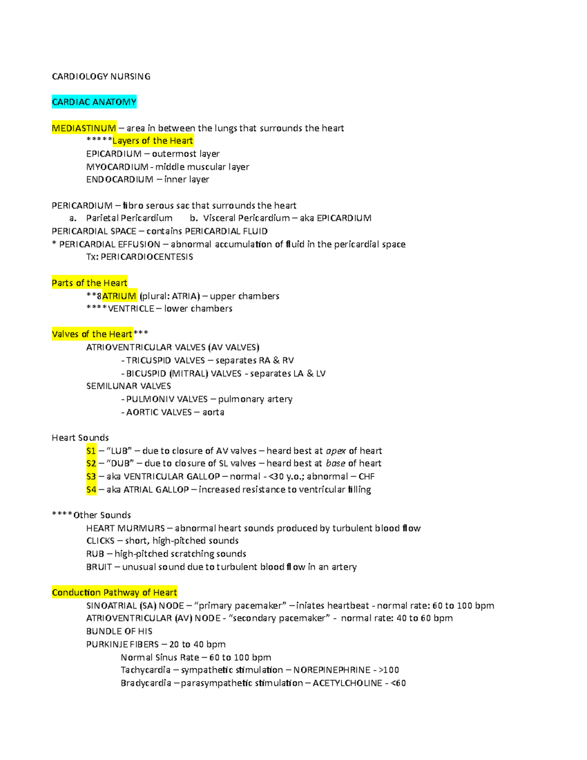 Cardiology Nursing (CNL 101) - Comprehensive Cardiac Study Notes - Studocu