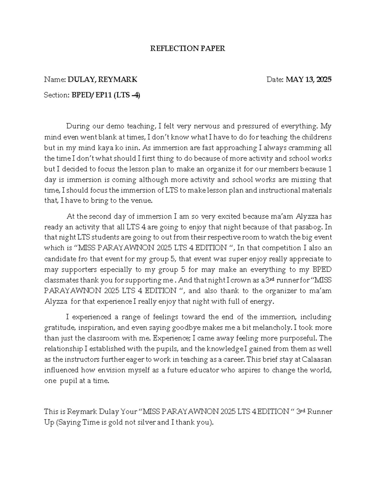 Reflection Paper on Immersion Experience - EP11 LTS 2025 - Studocu