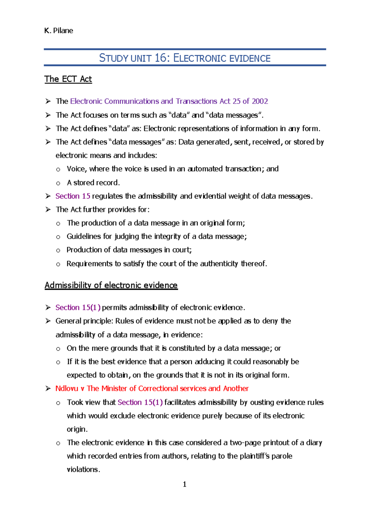 Study Unit 16: Electronic Evidence & ECT Act Insights - Studocu