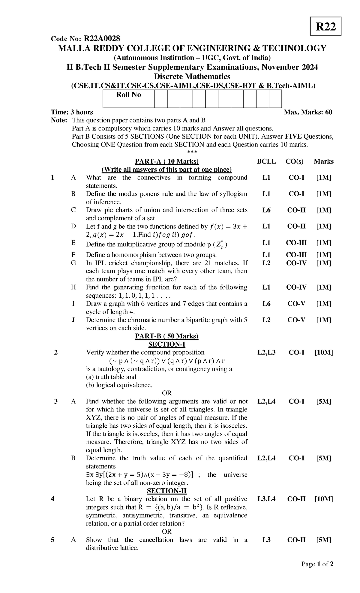Discrete Mathematics II B.Tech II Sem Supplementary Exam Nov 2024 - Studocu