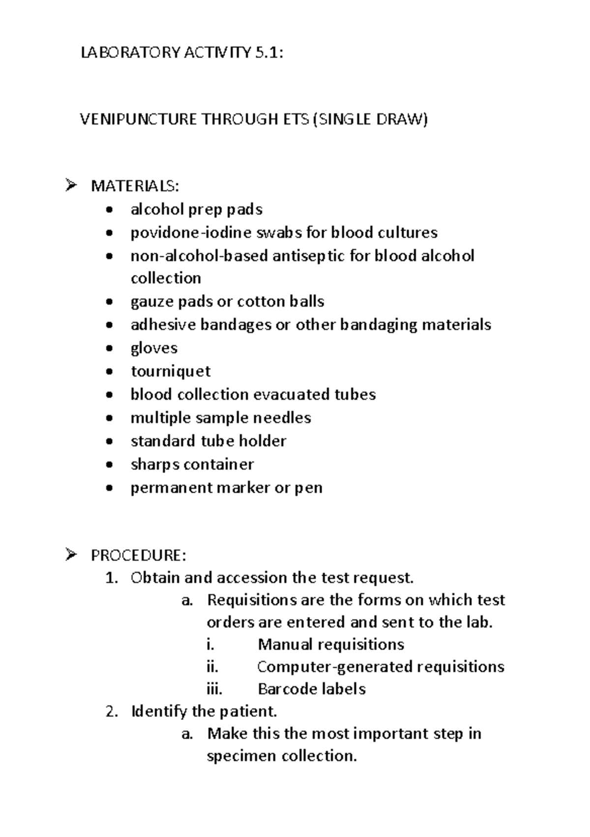 LAB WEEK 4 - Venipuncture with ETS (Single Draw) Procedure Guide - Studocu