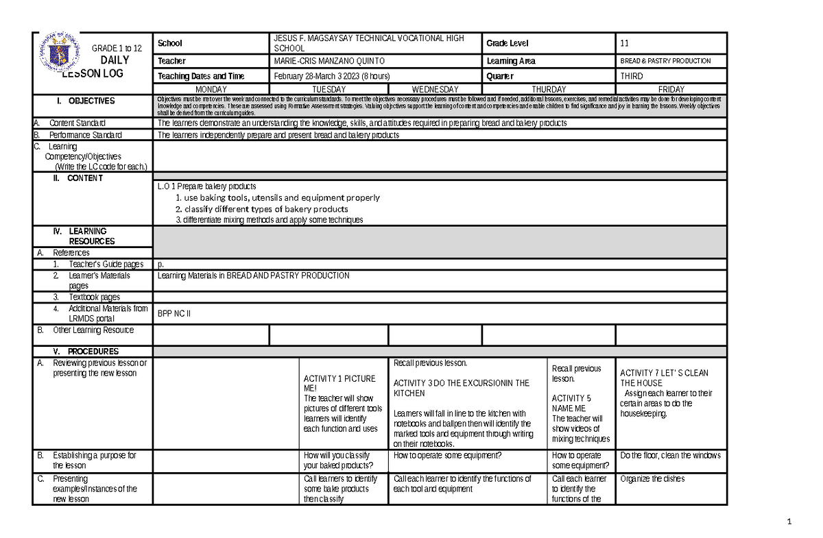 DLL-BPP 11 - Weekly Lesson Log for Bread & Pastry Production, Q3W2 ...