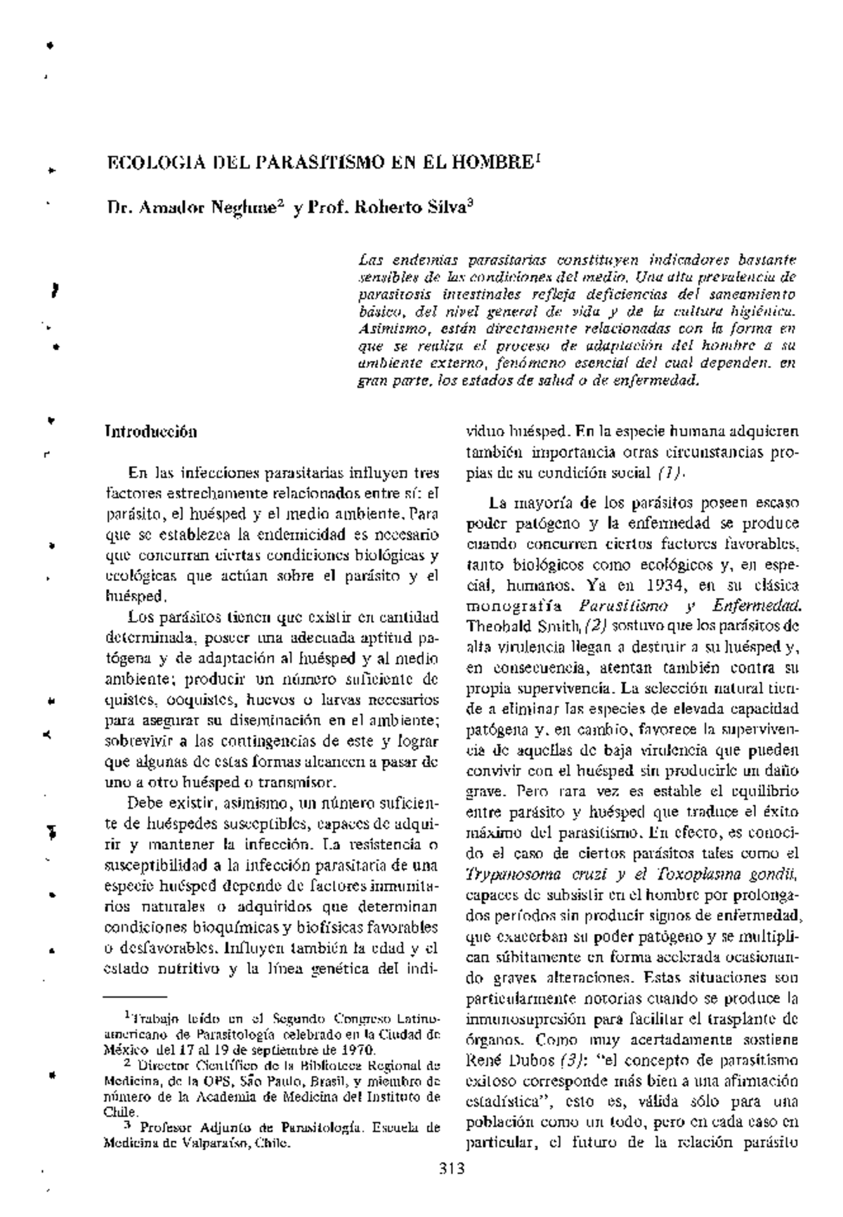 ECOLOGÍA DEL PARASITISMO EN EL HOMBRE - NEGHME & SILVA (1971) - Studocu