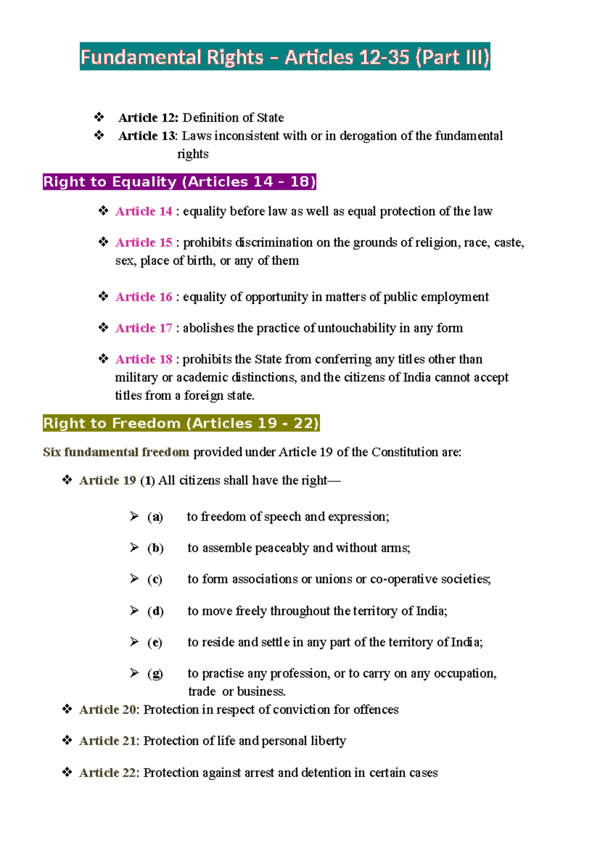 Fundamental Rights Explained: Articles 12-35 Overview (Part III) - Studocu