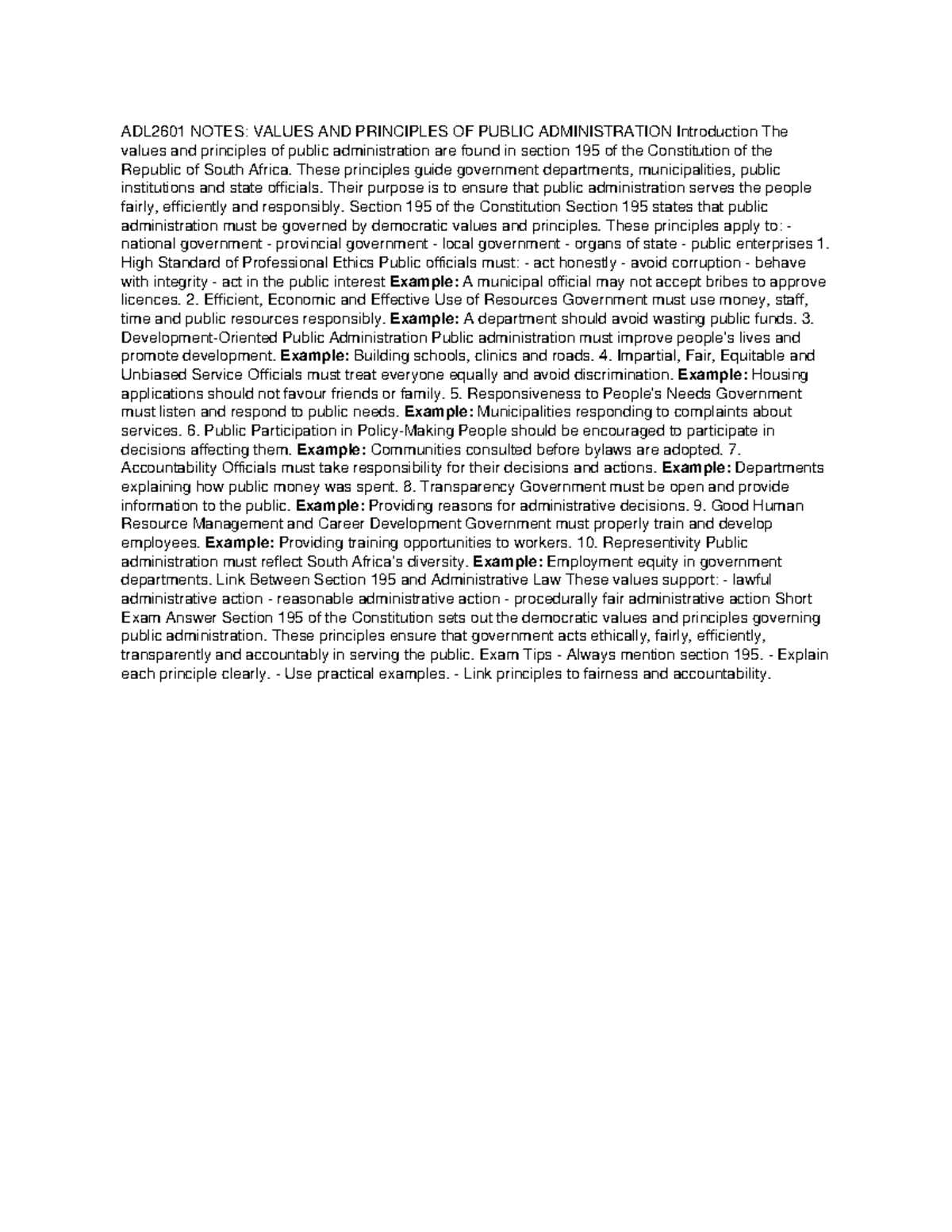 ADL2601 NOTES: VALUES & PRINCIPLES OF PUBLIC ADMINISTRATION - Studocu