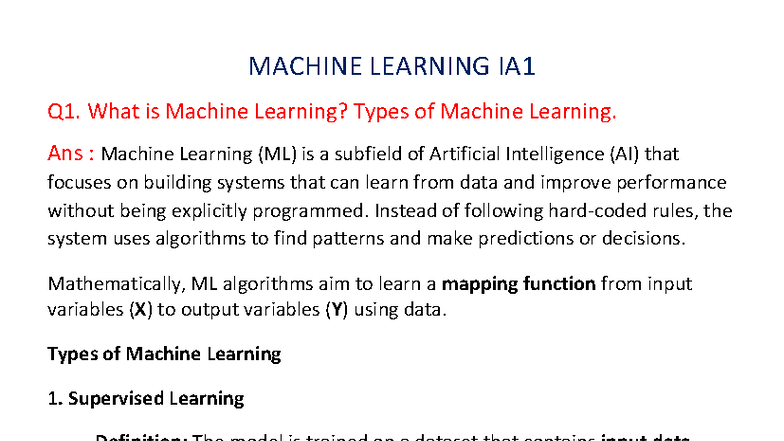 Machine Learning IA1 - Comprehensive Study Notes on ML Concepts - Studocu