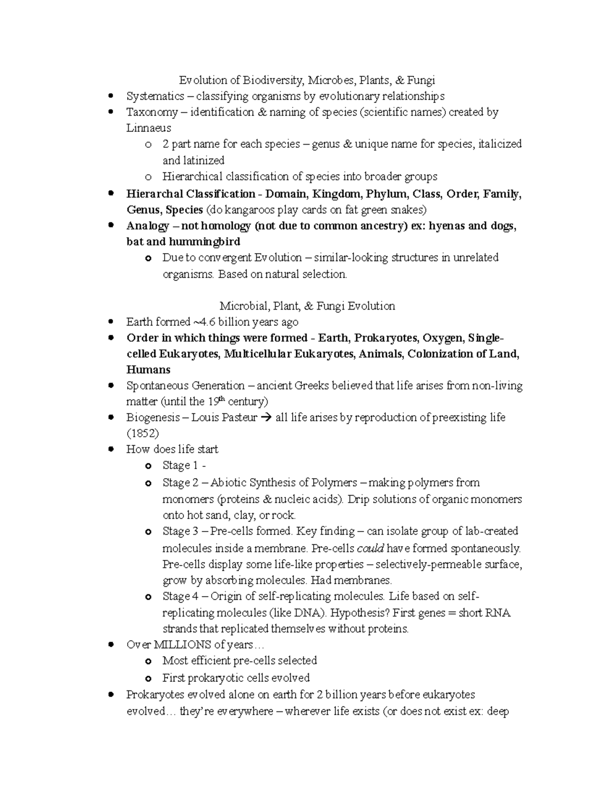 BIO 101: Intro to Biology, Week 10 - Evolution of Biodiversity Notes ...