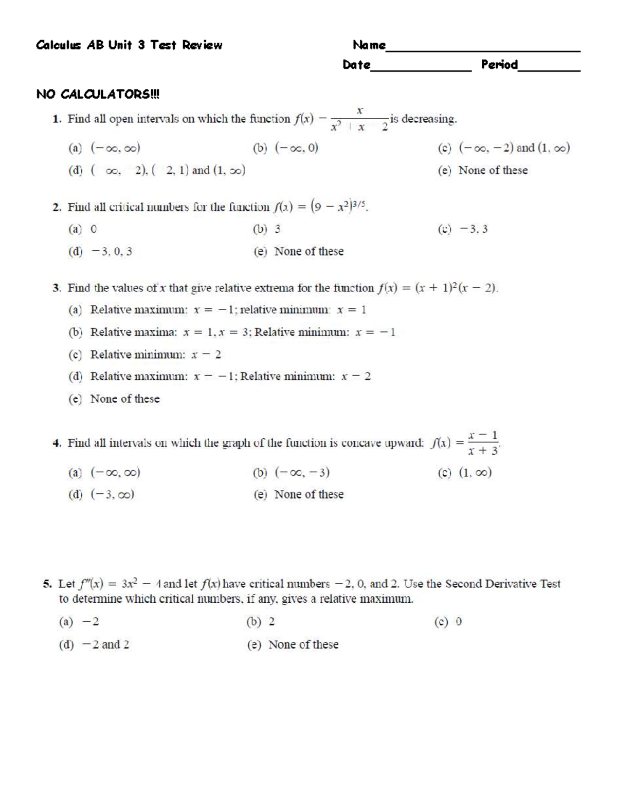 Calculus AB Unit 3 Test Review: Evaluating Derivative Graphs - Studocu