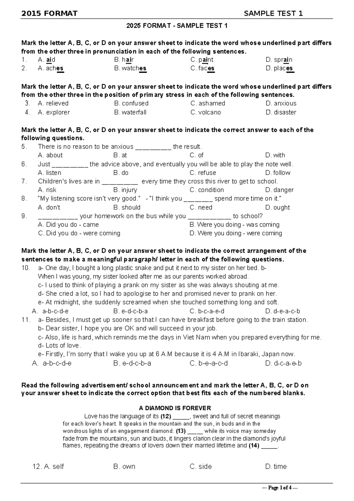 TEST 1 - good luck - 2025 FORMAT - SAMPLE TEST 1 Mark the letter A, B ...