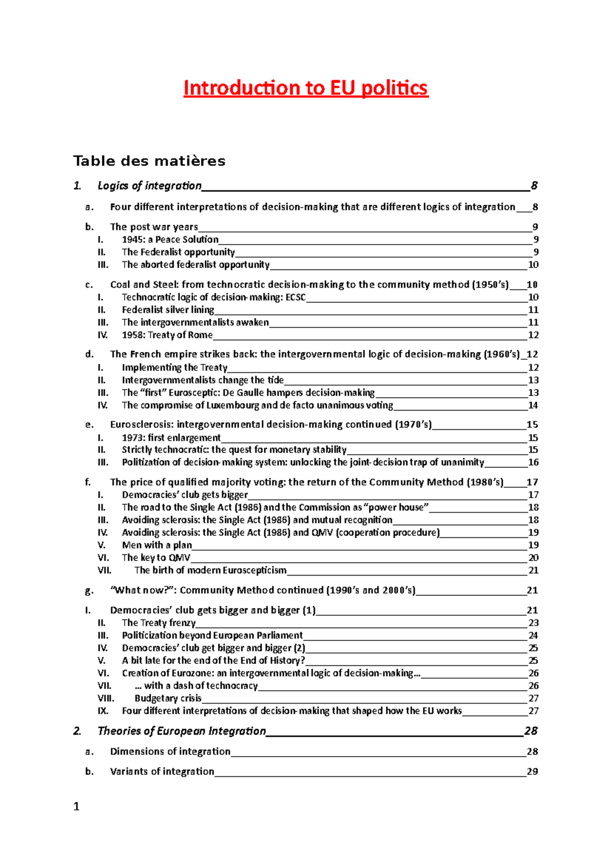 Introduction to EU politics notes - Introduction to EU politics 1 ...
