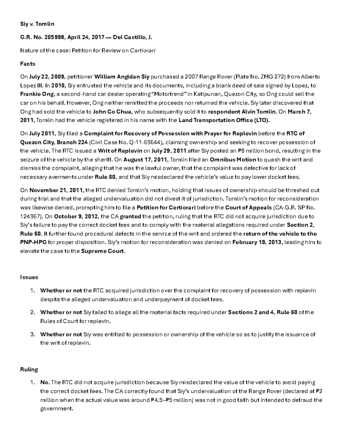 Replevin Case Digests: Siy v. Tomlin, Jorgenetics, and Uy v. Jacalan ...
