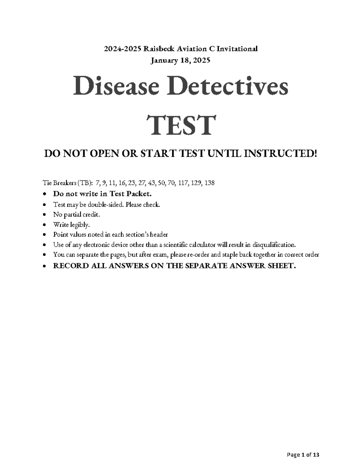 Disease Detectives Test - Raisbeck Aviation C Invitational 2024-2025 ...