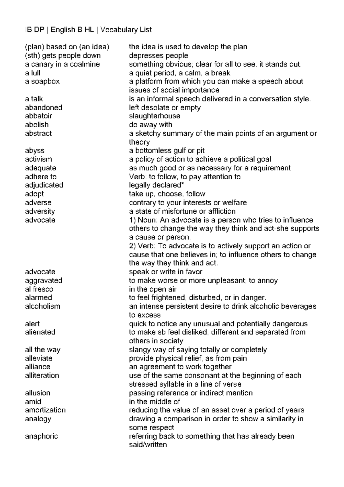 IB DP English B HL Vocabulary List: Key Terms and Concepts - Studocu