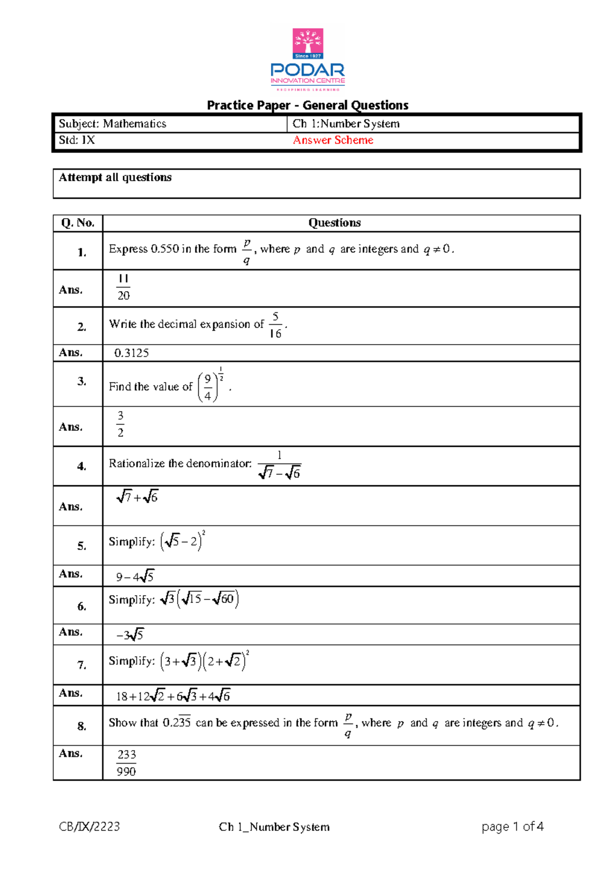 AS PS CB IX Math Ch 1 Number System General Qs - Subject: Mathematics ...