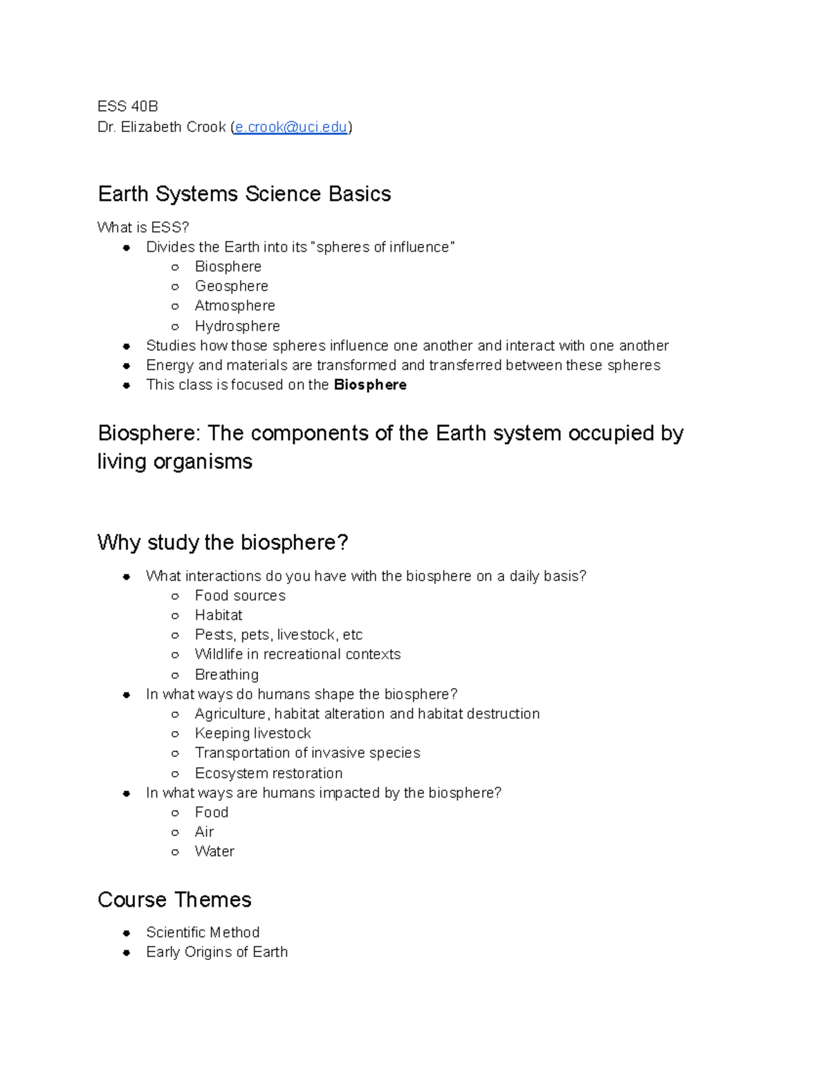 ESS 40B - Notes on Earth Systems and Biosphere Interaction - Studocu