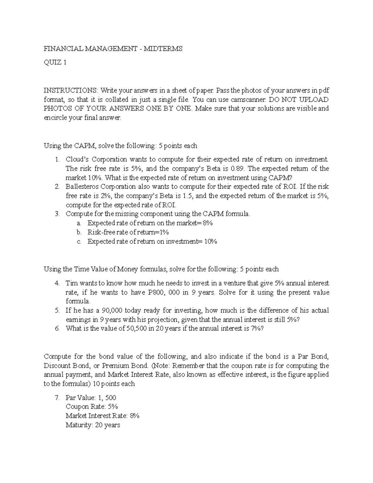 FINANCIAL MANAGEMENT MIDTERM QUIZ 1: CAPM & TVM Problems - Studocu