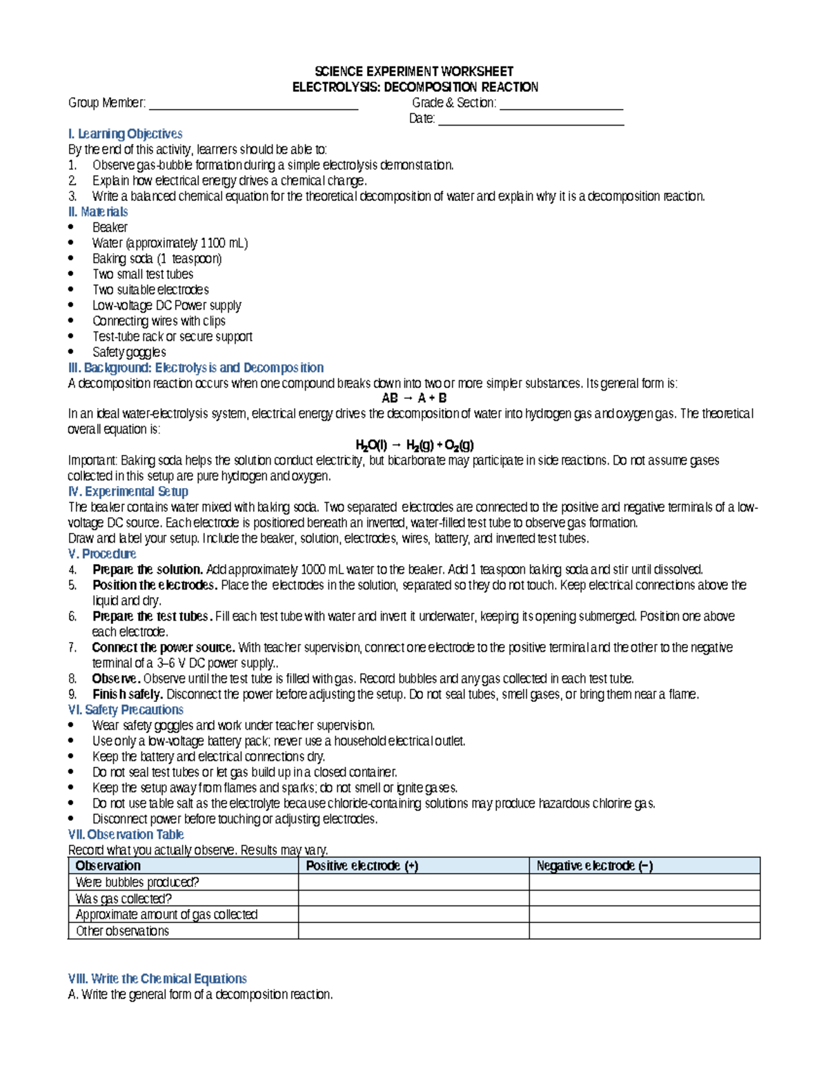 SCI 101: DIY Electrolysis Decomposition Experiment Worksheet - Studocu