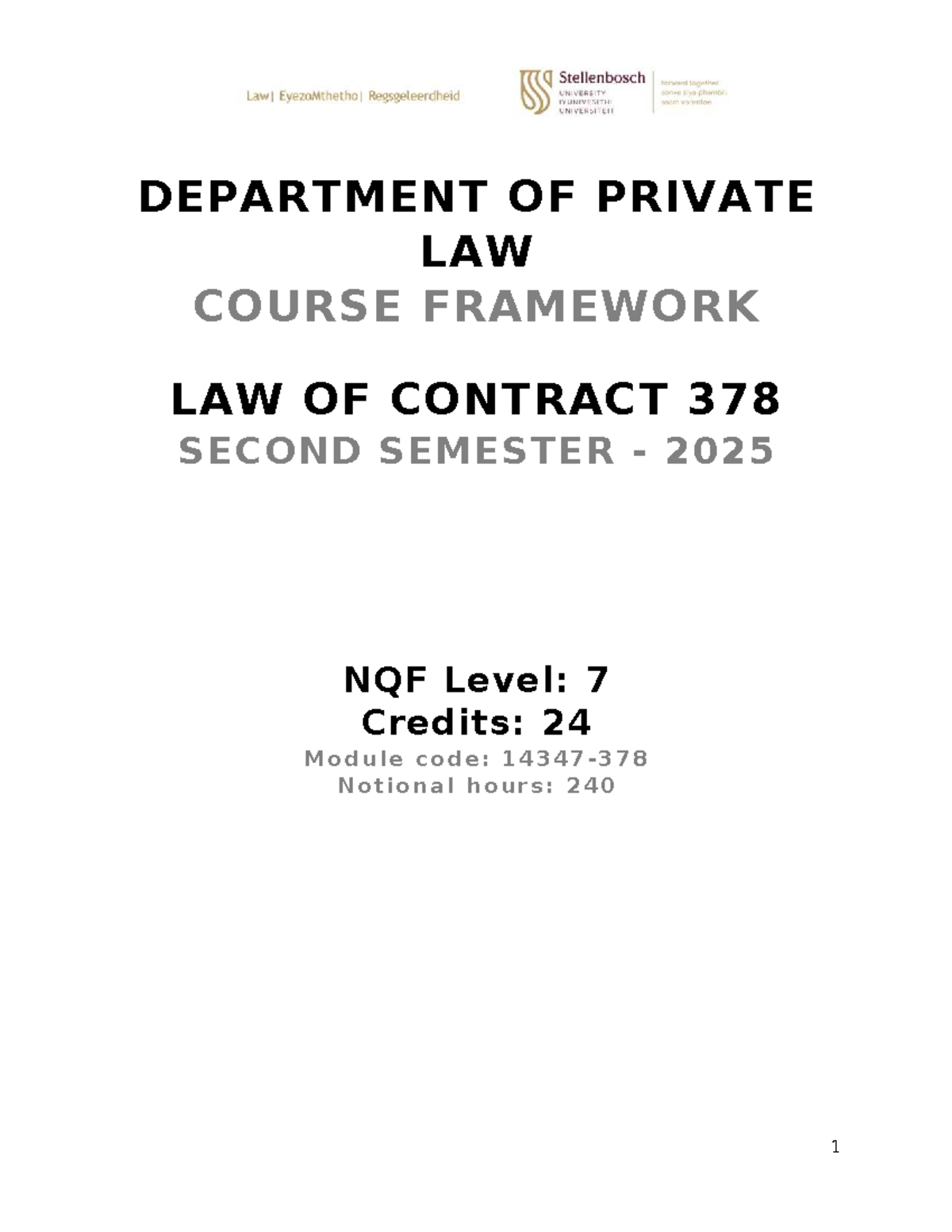 Law of Contract 378 - Course Outline for Second Semester 2025 - Studocu