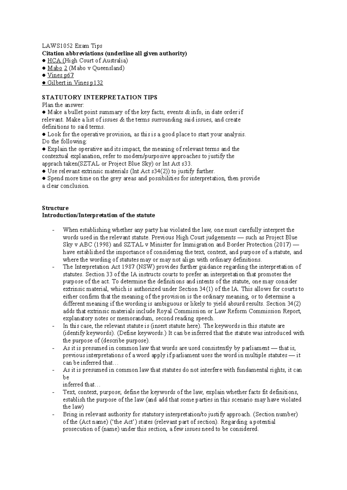 LAWS1052 Exam Tips: Key Strategies for Statutory Interpretation and ...