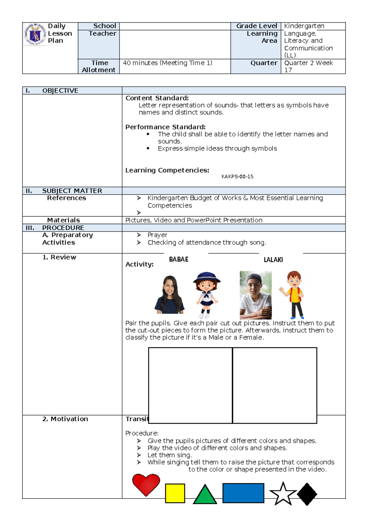 LP Lesson Plan: Letter Recognition and Shapes for Kindergarten - Studocu