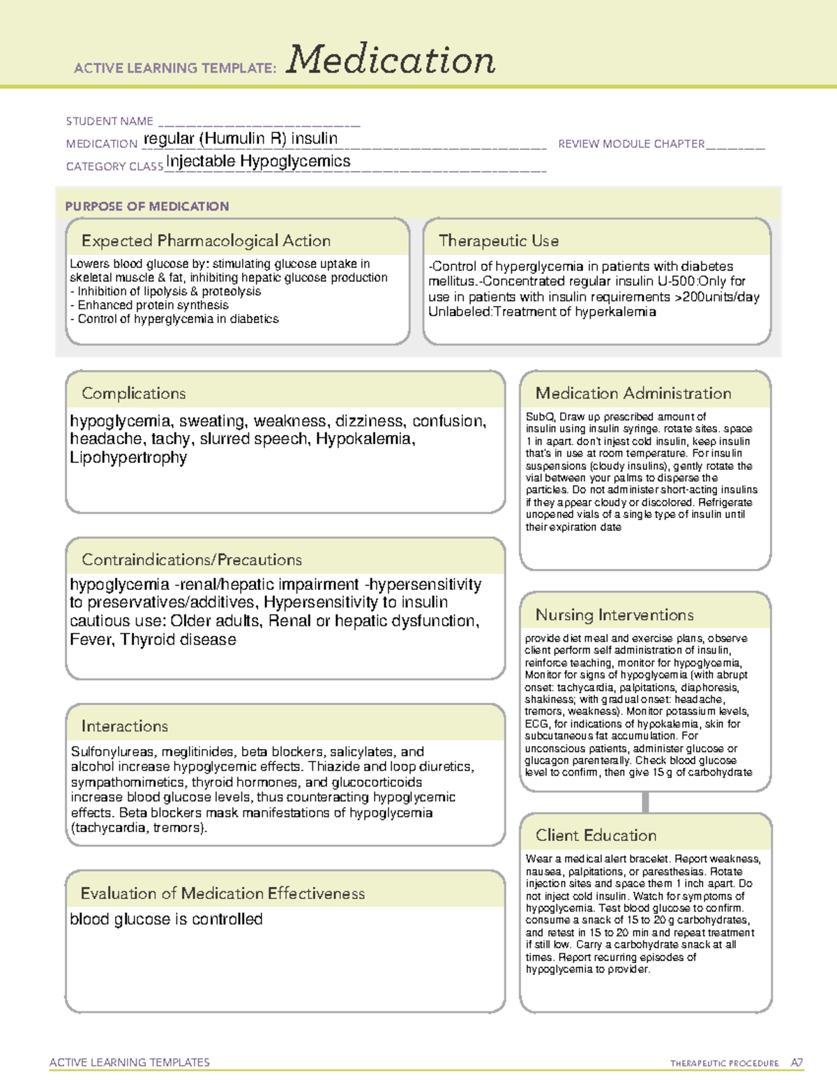 Humulin R (Regular Insulin) - Active Learning Template & Overview - Studocu