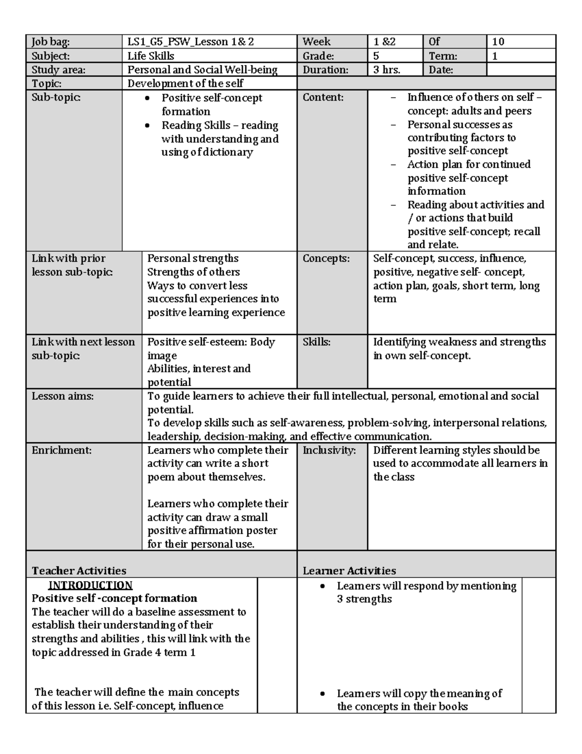 LS1_G5_PSW_Lesson 2: Positive Self-Development & Reading Skills - Studocu