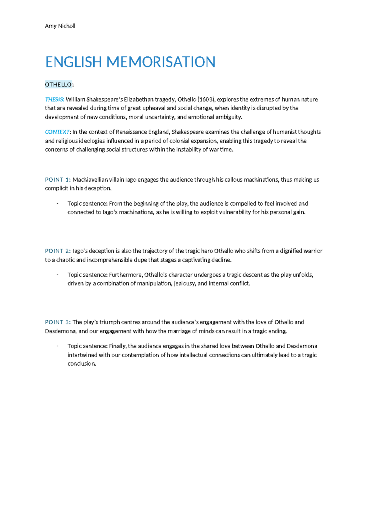 ENGLISH 101: OTHELLO THESIS & ANALYSIS NOTES - Studocu
