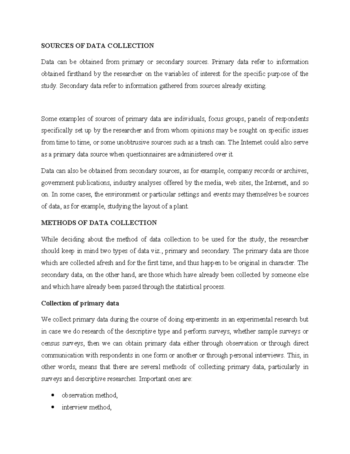 Methods of Data Collection: Primary and Secondary Sources - Studocu
