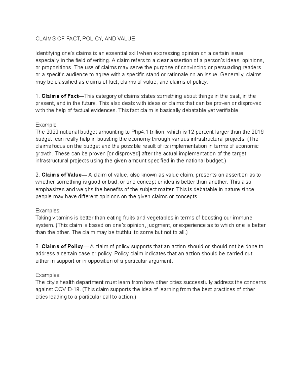 CLAIMS OF FACT, POLICY, AND VALUE: Understanding Types of Claims - Studocu