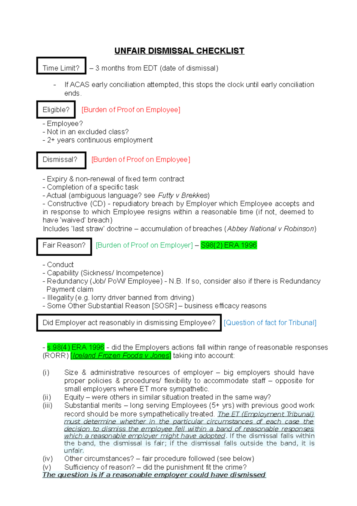 Unfair Dismissal Checklist: Key Points and Procedural Guidelines - Studocu