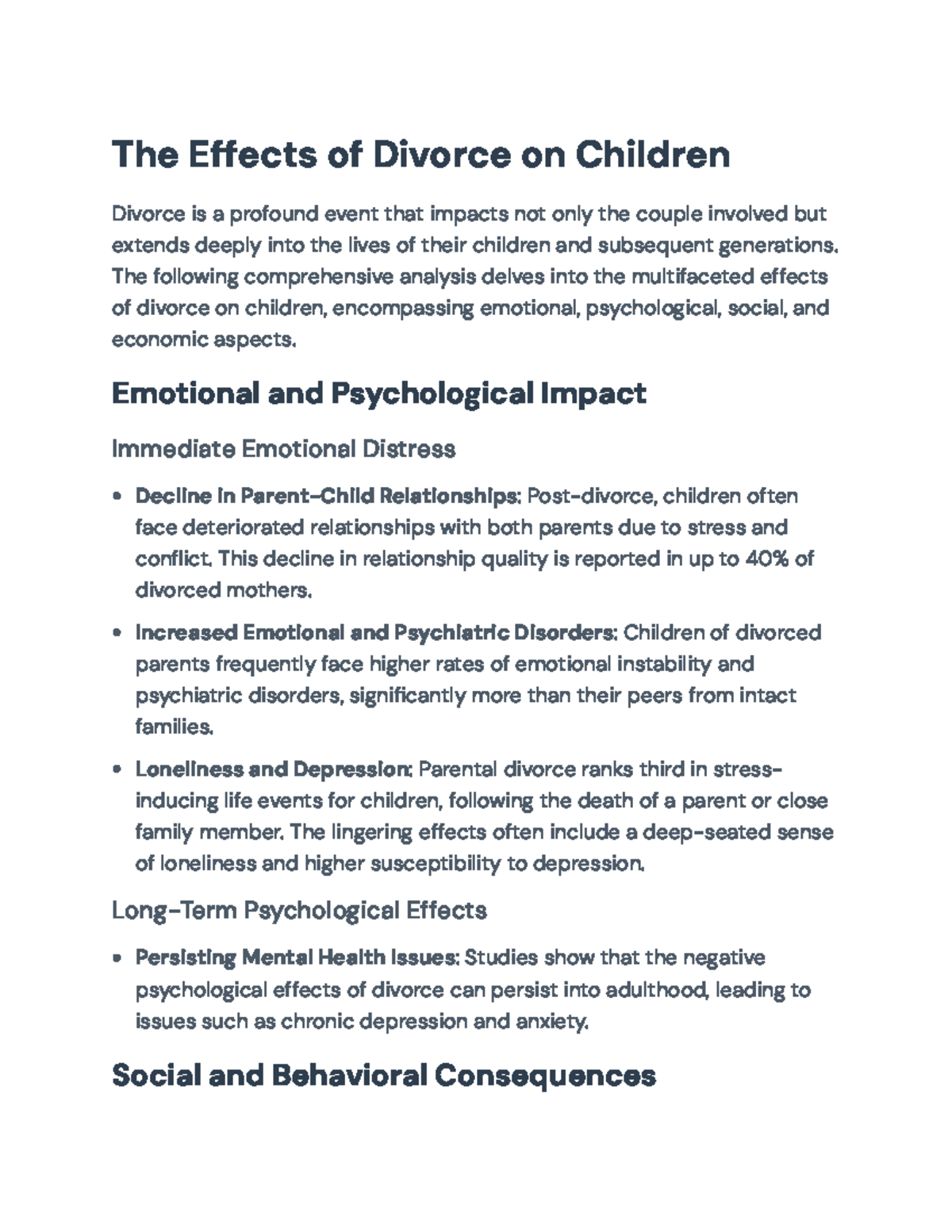 The Effects of Divorce on Children: Emotional, Social, and Economic ...
