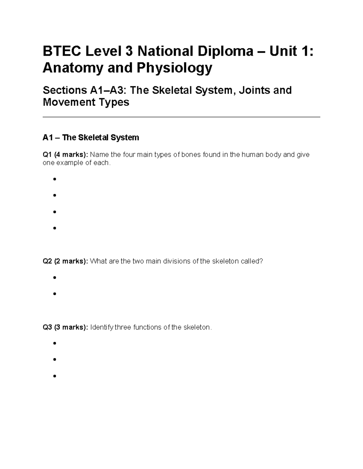 BTEC Level 3 Diploma Unit 1: Anatomy & Physiology Exam Questions - Studocu