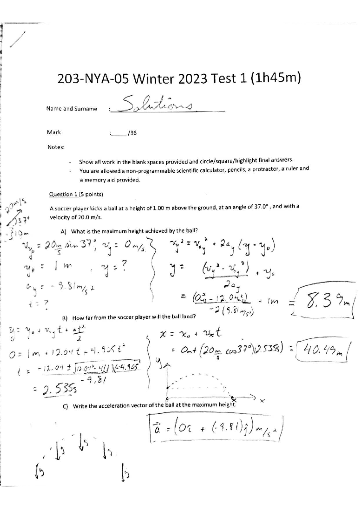 Winter 2023 PHYS 101 Sample Test 1 Solutions - Studocu