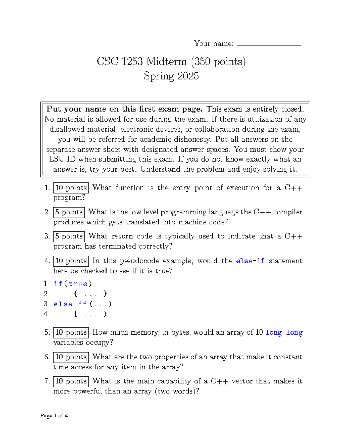 CSC 1253 Midterm Exam Questions and Answers - Spring 2025 - Your name ...