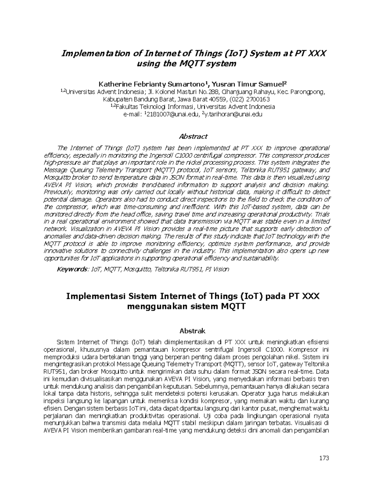 Implementation of IoT System at PT with MQTT Protocol for Monitoring ...
