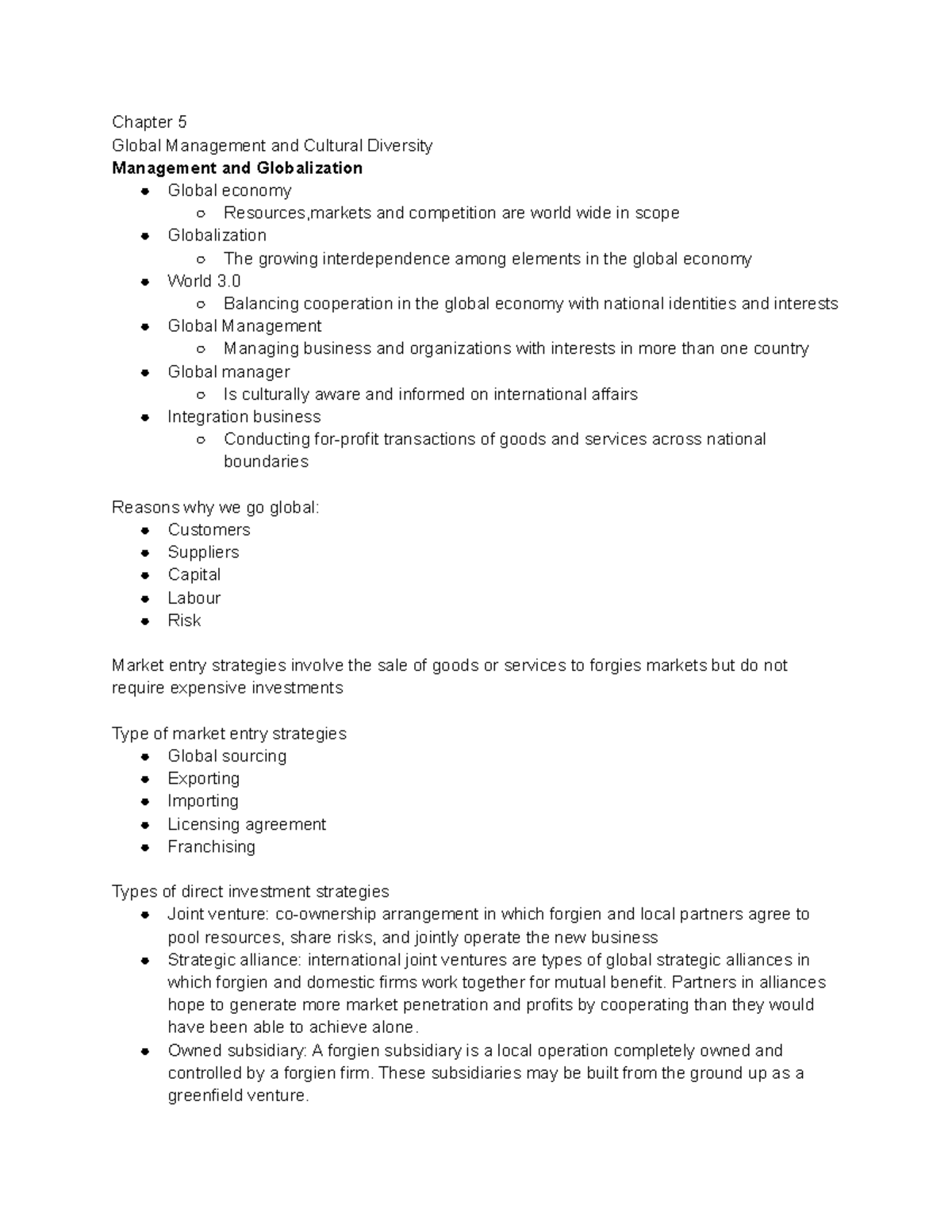 GMS 200 Notes - Week 3 - Chapter 5 Global Management and Cultural ...