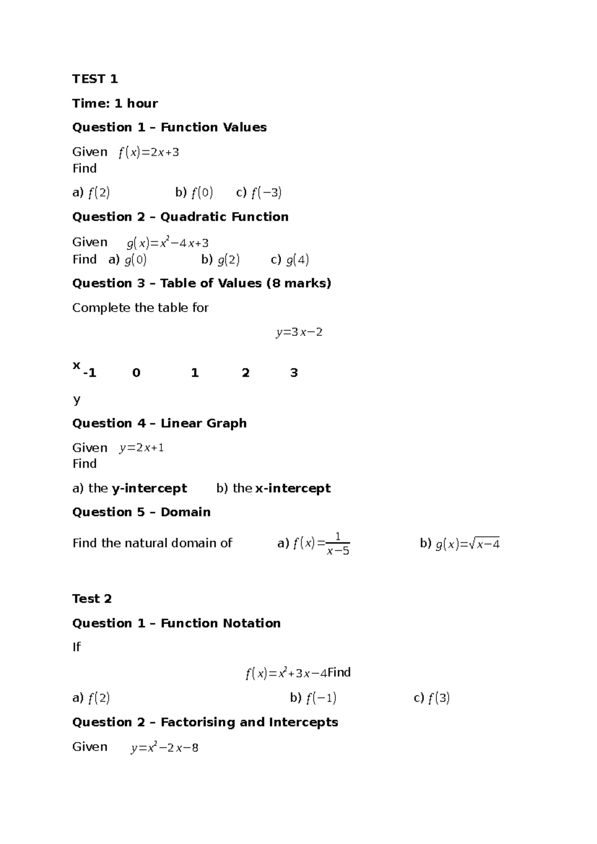 Year 11 Functions and Graphs Test 1, 2, and 3 Answers - Studocu