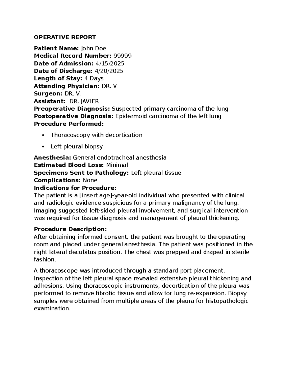 Operative Report: Thoracoscopy & Chemotherapy for Lung Carcinoma - Studocu