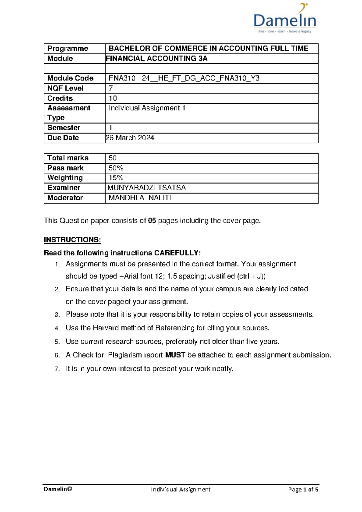 Financial Accounting 3A FULL TIME - Programme BACHELOR OF COMMERCE IN ...