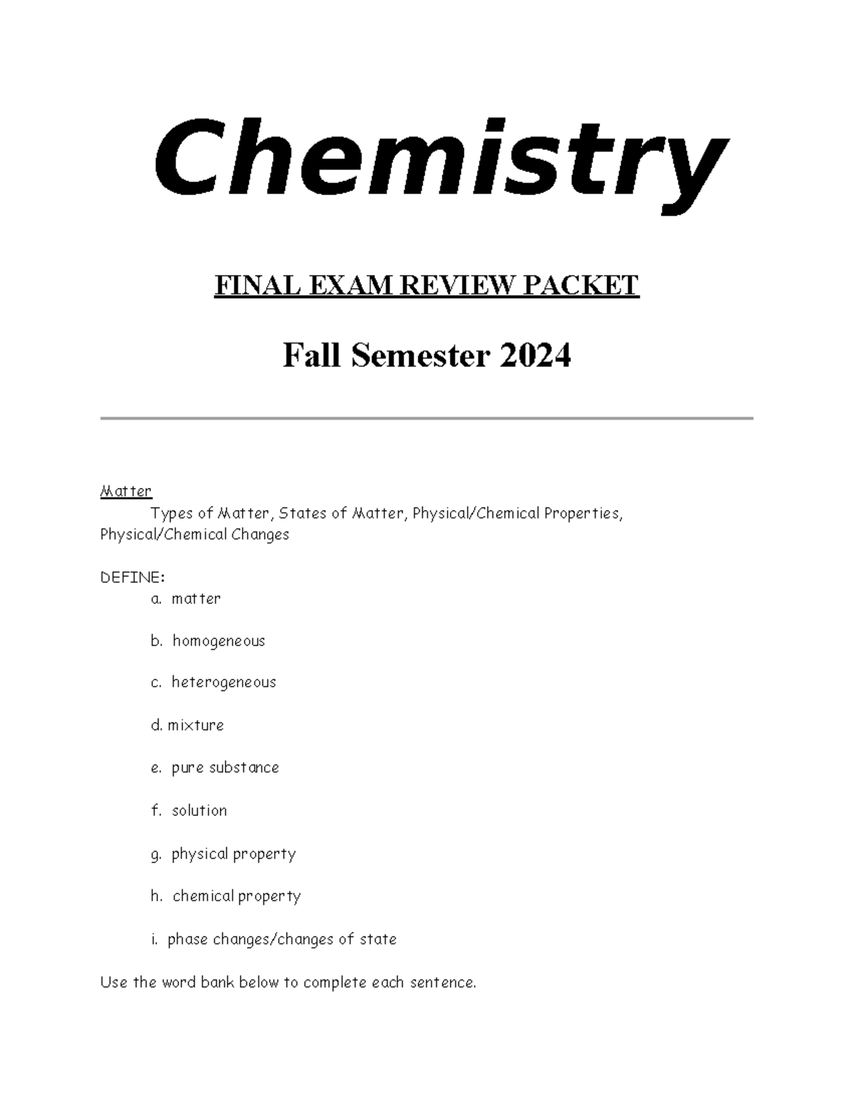 Chemistry+review++2024-25 - Chemistry FINAL EXAM REVIEW PACKET Fall ...