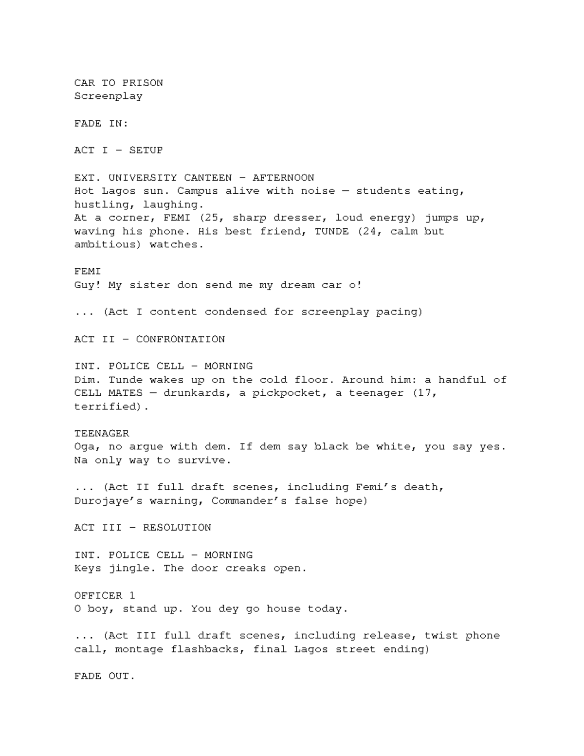 CAR TO PRISON Screenplay: A Journey from Dream to Reality - Studocu