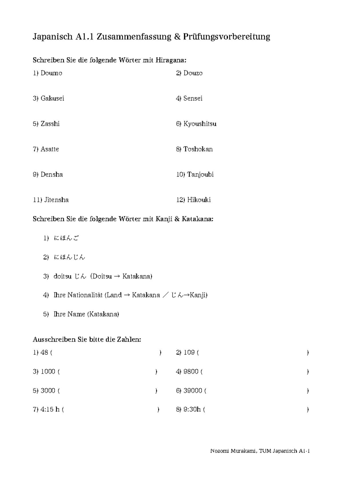 Japanisch A1.1 Prüfungsvorbereitung - Zusammenfassung und Übungsaufgaben - Document Preview
