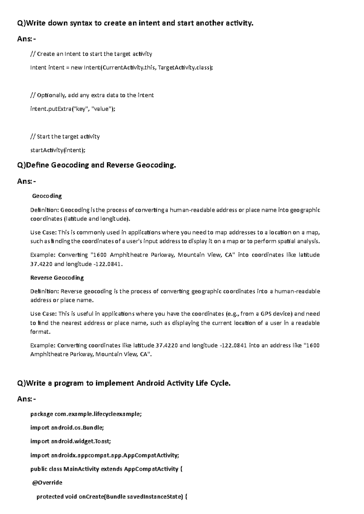 Important questions - Q)Write down syntax to create an intent and start ...